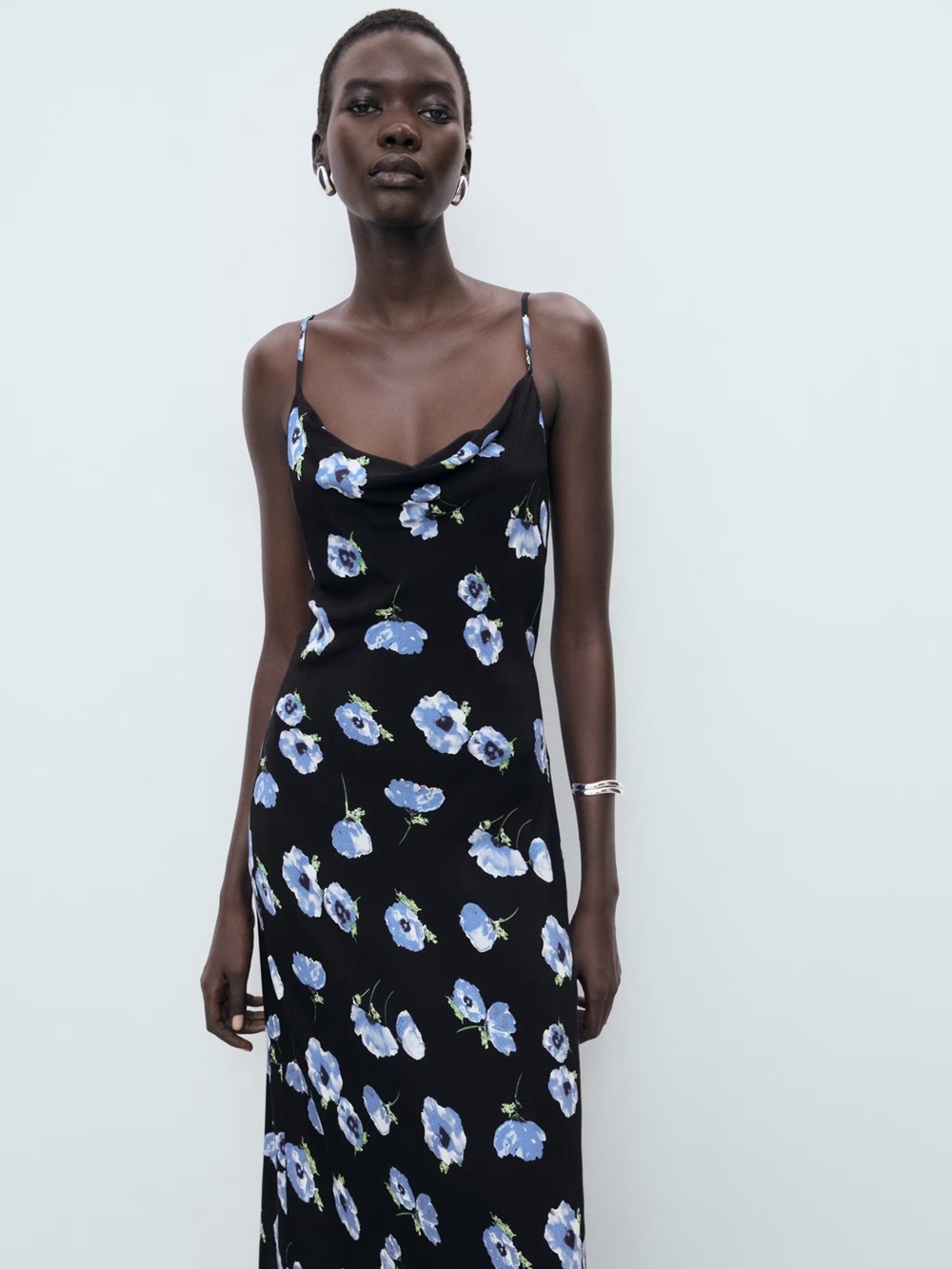 Mango Black Maxi Dress with Blue Floral Print